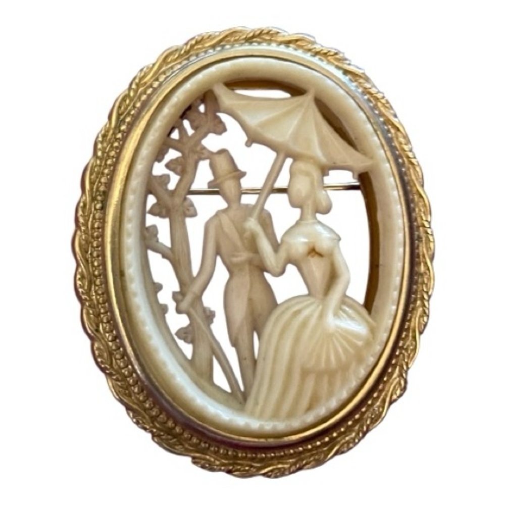 Vintage CORO Courting Couple w/Parasol Carved Celluloid Brooch, Signed.